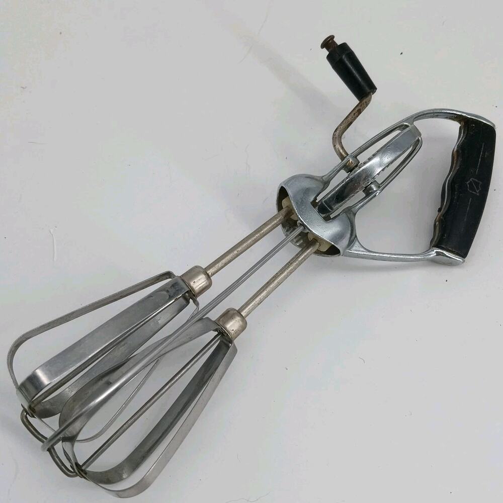 Vintage US Stainless Steel Rotary Egg Beater Hand Crank Mixer Black Handle USA